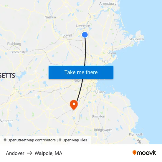 Andover to Walpole, MA map