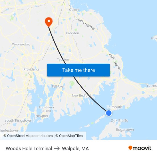 Woods Hole Terminal to Walpole, MA map