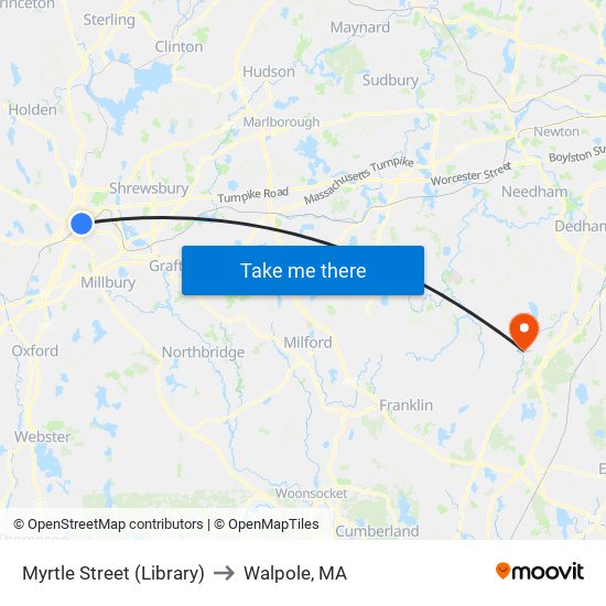 Myrtle Street (Library) to Walpole, MA map