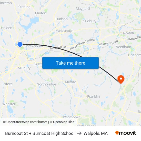 Burncoat St + Burncoat High School to Walpole, MA map