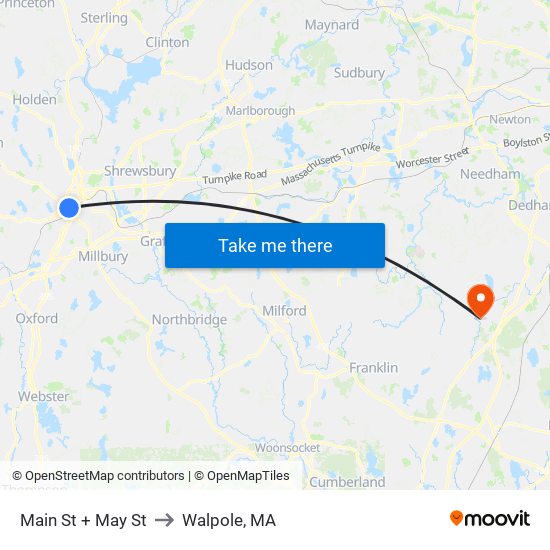 Main St + May St to Walpole, MA map