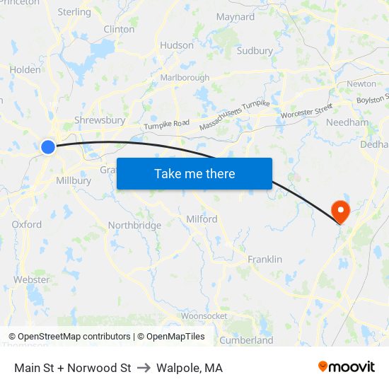 Main St + Norwood St to Walpole, MA map