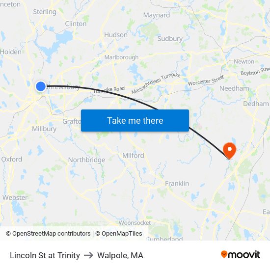 Lincoln St at Trinity to Walpole, MA map