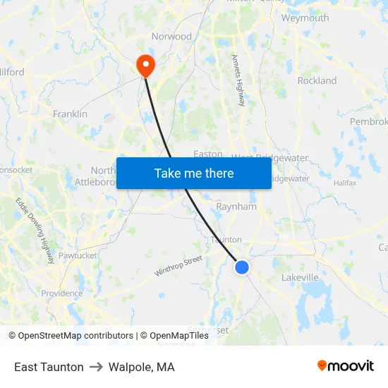 East Taunton to Walpole, MA map