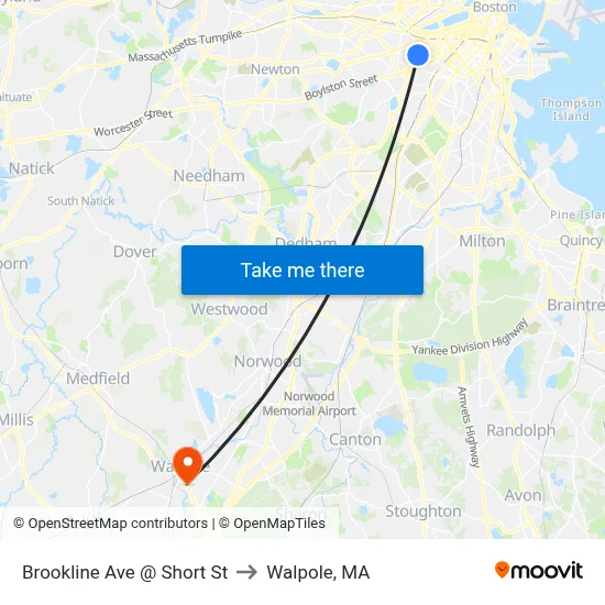 Brookline Ave @ Short St to Walpole, MA map