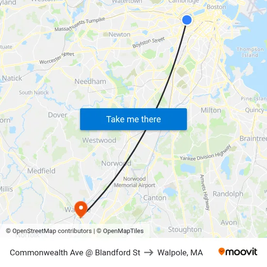 Commonwealth Ave @ Blandford St to Walpole, MA map