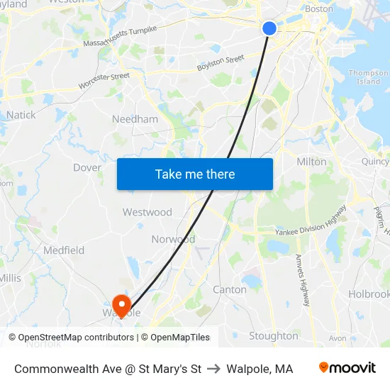 Commonwealth Ave @ St Mary's St to Walpole, MA map