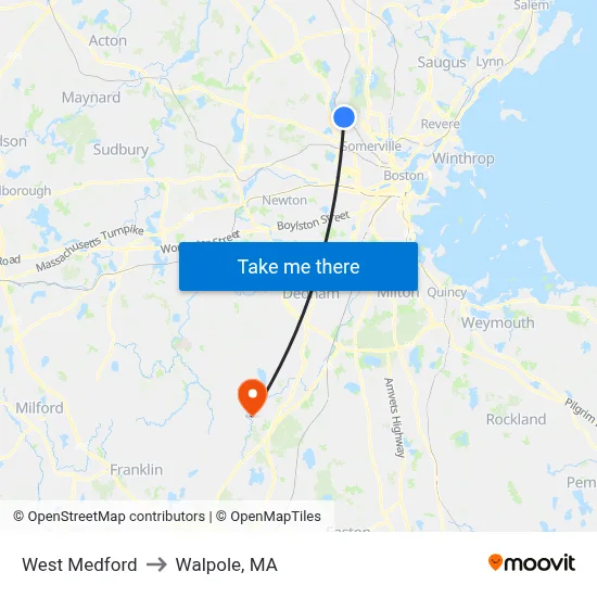 West Medford to Walpole, MA map