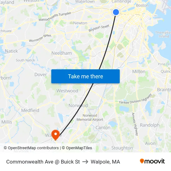 Commonwealth Ave @ Buick St to Walpole, MA map