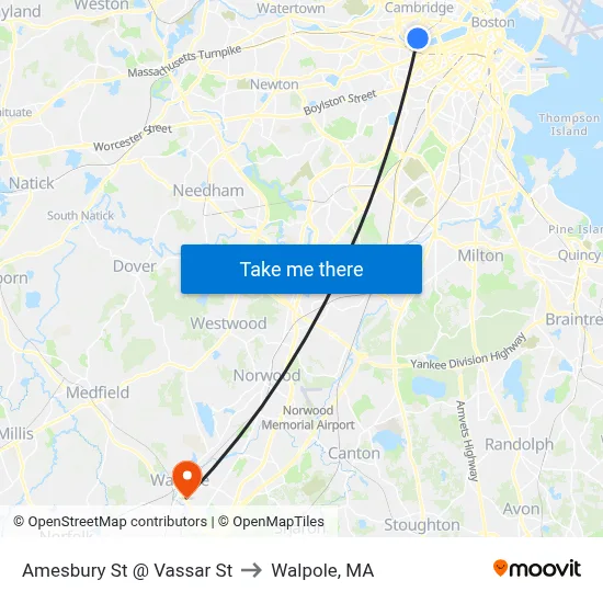 Amesbury St @ Vassar St to Walpole, MA map