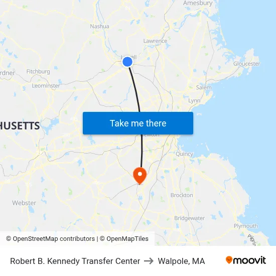 Robert B. Kennedy Transfer Center to Walpole, MA map