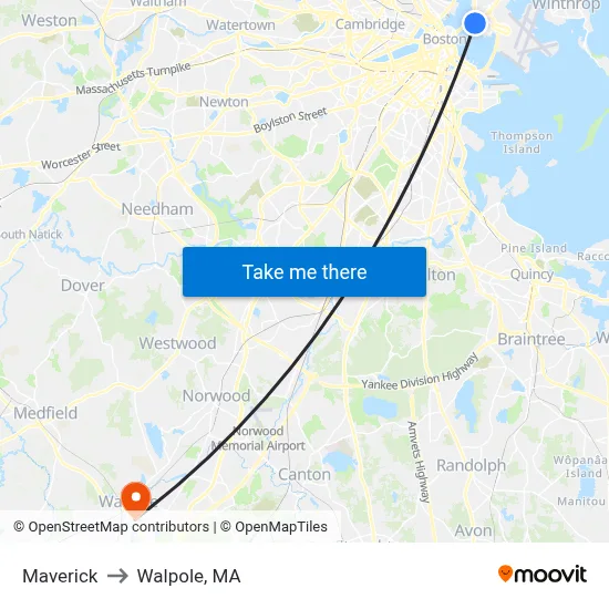 Maverick to Walpole, MA map