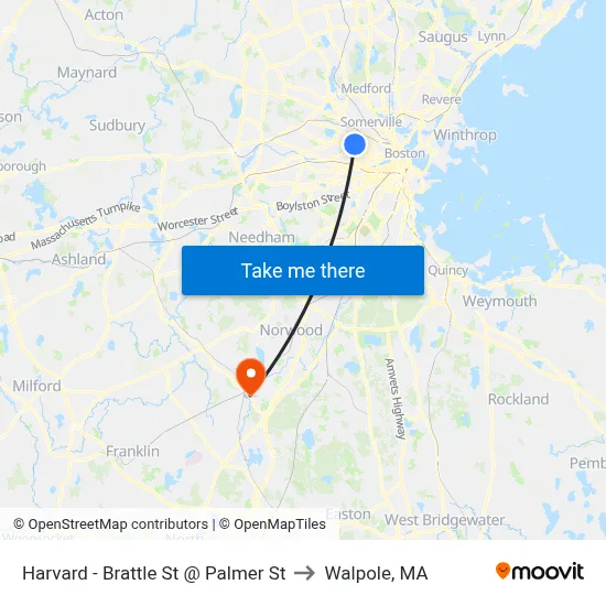 Harvard - Brattle St @ Palmer St to Walpole, MA map