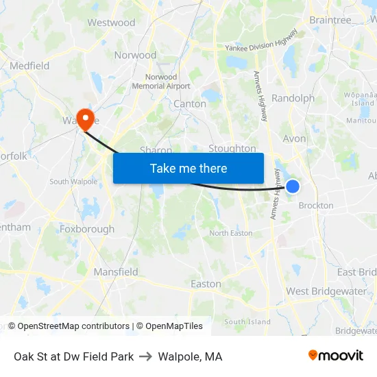 Oak St at Dw Field Park to Walpole, MA map