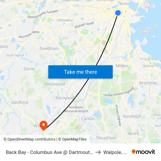 Back Bay - Columbus Ave @ Dartmouth St to Walpole, MA map