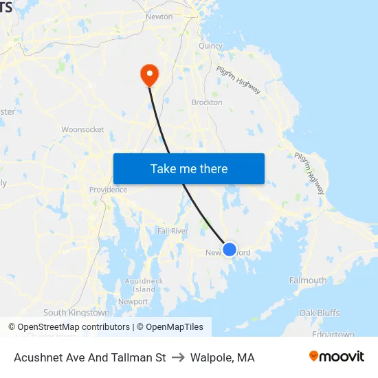 Acushnet Ave And Tallman St to Walpole, MA map