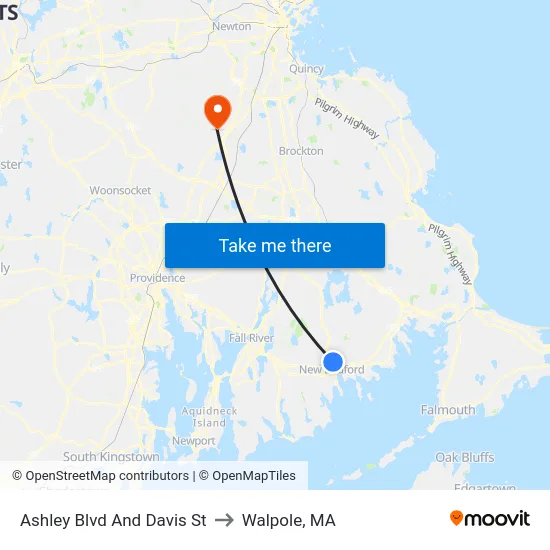 Ashley Blvd And Davis St to Walpole, MA map