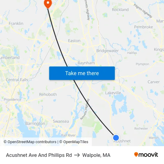 Acushnet Ave And Phillips Rd to Walpole, MA map