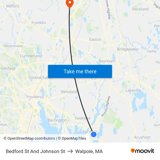 Bedford St And Johnson St to Walpole, MA map