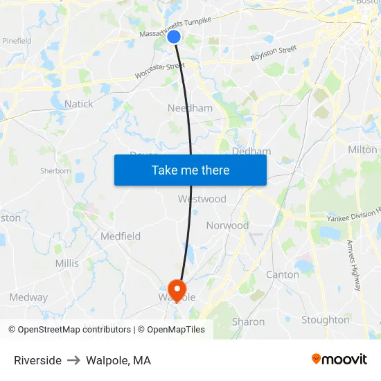 Riverside to Walpole, MA map