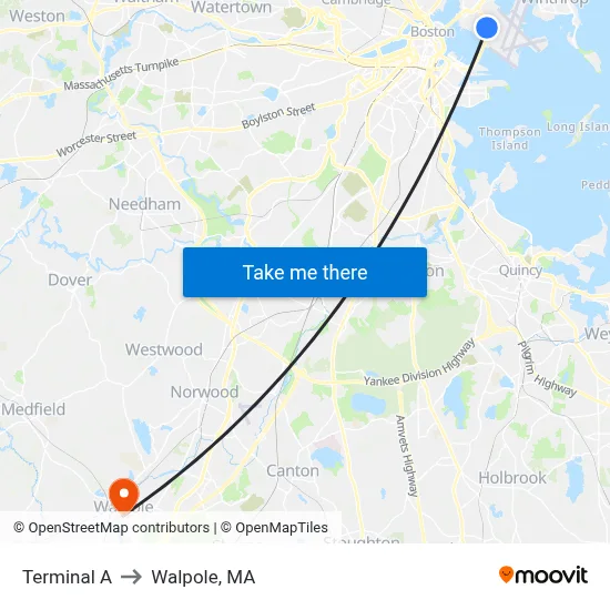 Terminal A to Walpole, MA map
