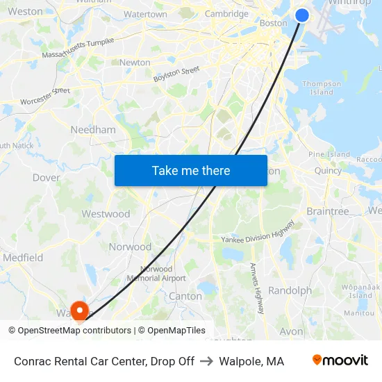 Conrac Rental Car Center, Drop Off to Walpole, MA map