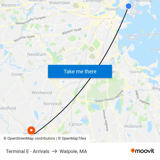 Terminal E - Arrivals to Walpole, MA map