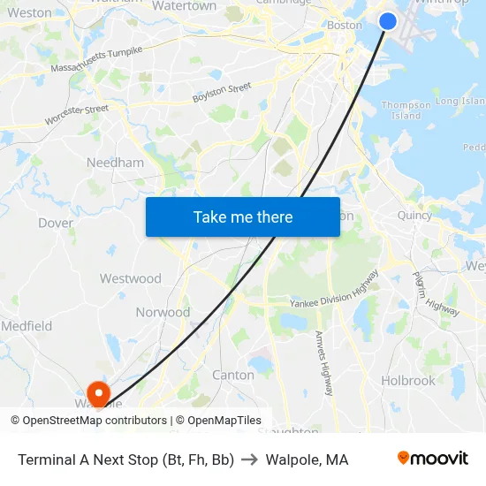 Terminal A Next Stop (Bt, Fh, Bb) to Walpole, MA map
