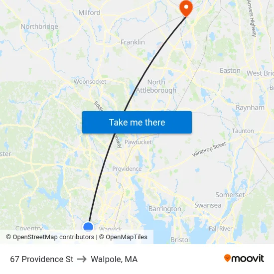 67 Providence St to Walpole, MA map