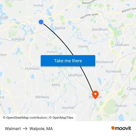 Walmart to Walpole, MA map