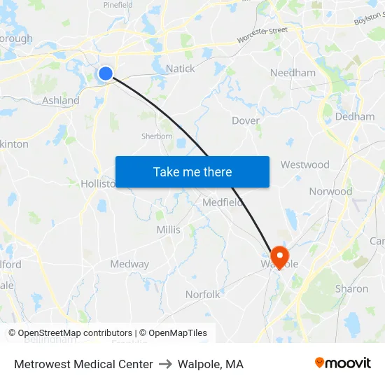 Metrowest Medical Center to Walpole, MA map