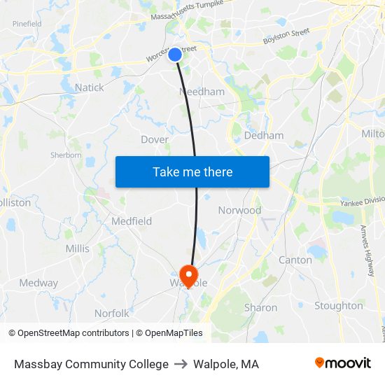 Massbay Community College to Walpole, MA map