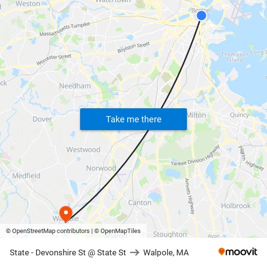 State - Devonshire St @ State St to Walpole, MA map