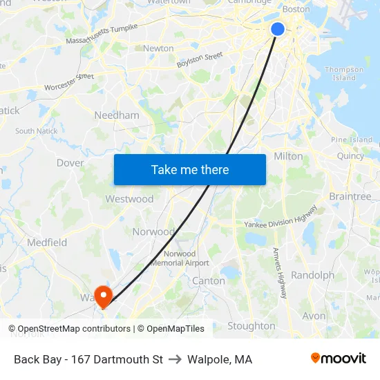 Back Bay - 167 Dartmouth St to Walpole, MA map