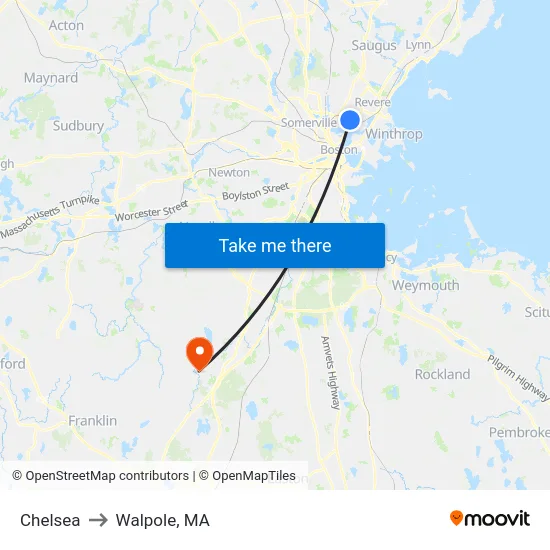 Chelsea to Walpole, MA map