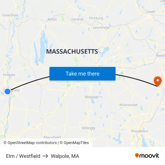 Elm / Westfield to Walpole, MA map