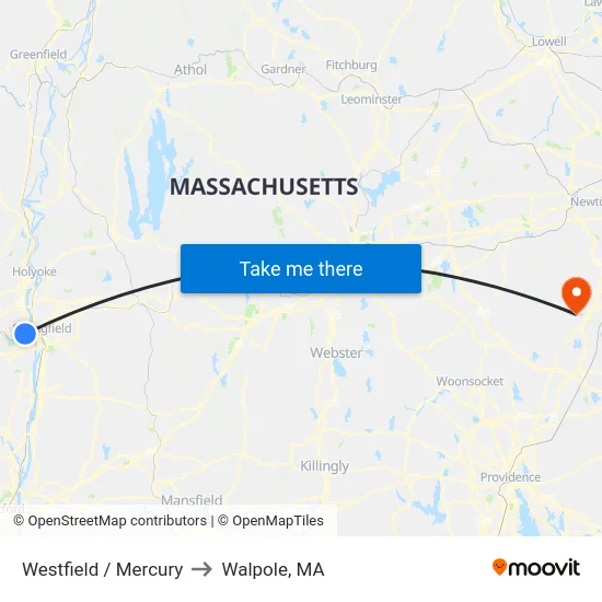 Westfield / Mercury to Walpole, MA map