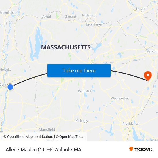 Allen / Malden (1) to Walpole, MA map