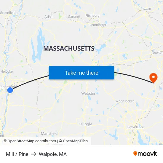 Mill / Pine to Walpole, MA map