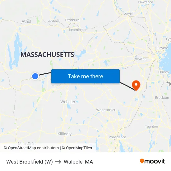 West Brookfield (W) to Walpole, MA map