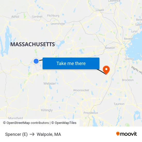 Spencer (E) to Walpole, MA map