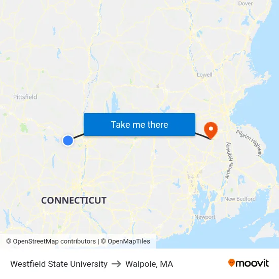 Westfield State University to Walpole, MA map