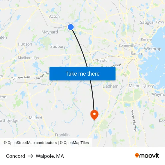 Concord to Walpole, MA map