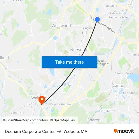 Dedham Corporate Center to Walpole, MA map