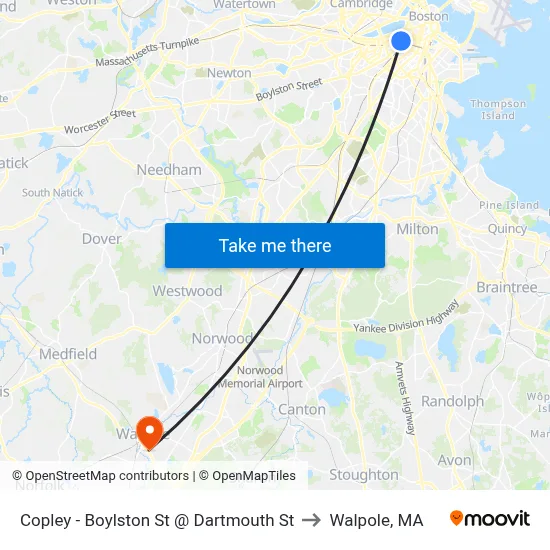 Copley - Boylston St @ Dartmouth St to Walpole, MA map