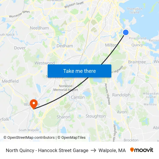 North Quincy - Hancock Street Garage to Walpole, MA map