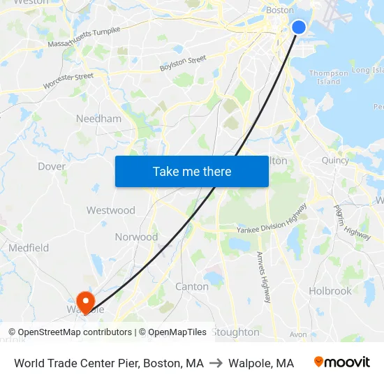 World Trade Center Pier, Boston, MA to Walpole, MA map
