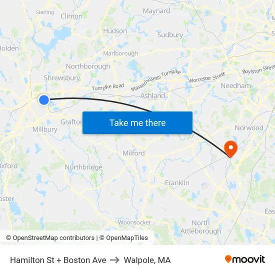 Hamilton St + Boston Ave to Walpole, MA map