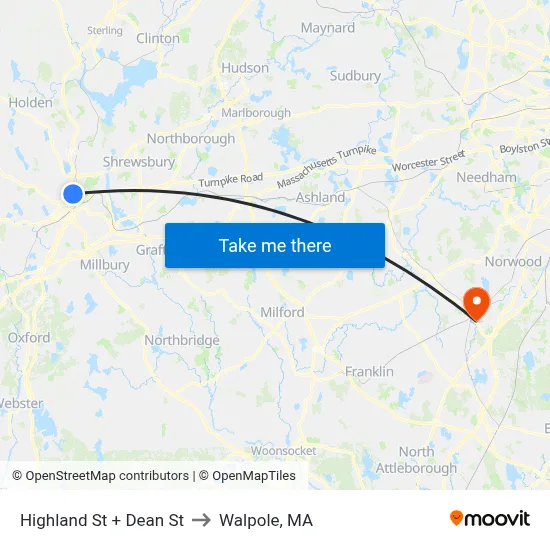 Highland St + Dean St to Walpole, MA map