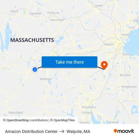 Amazon Distribution Center to Walpole, MA map